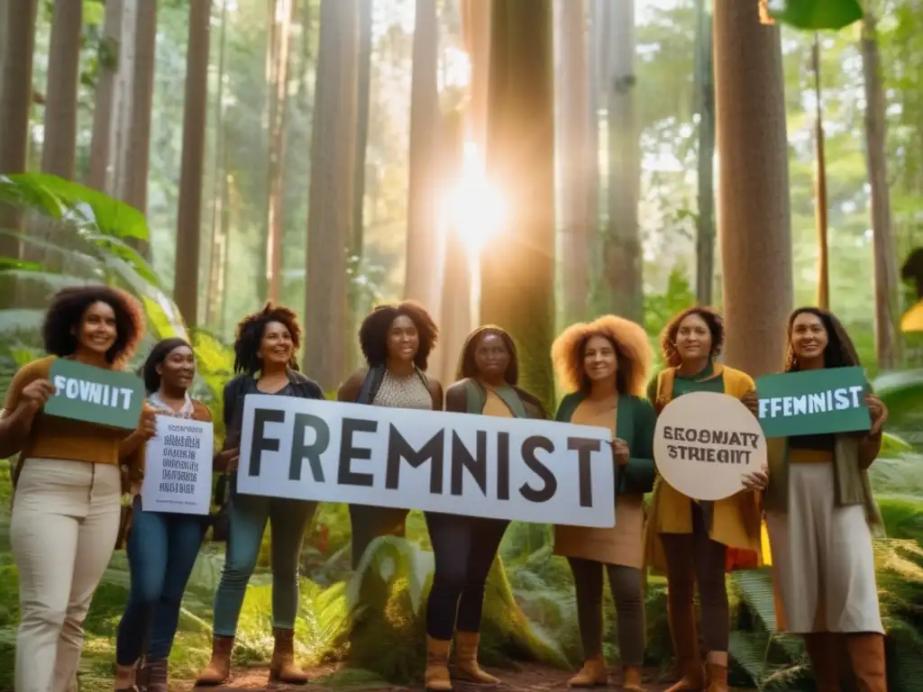 Un grupo de activistas ambientales lucha feminista ecología se unen en un bosque exuberante, sosteniendo pancartas con mensajes poderosos