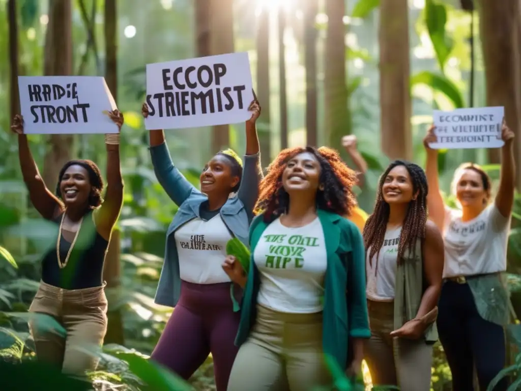 Un grupo de activistas ambientales lucha por la ecología en un bosque exuberante, sosteniendo pancartas con mensajes ecofeministas