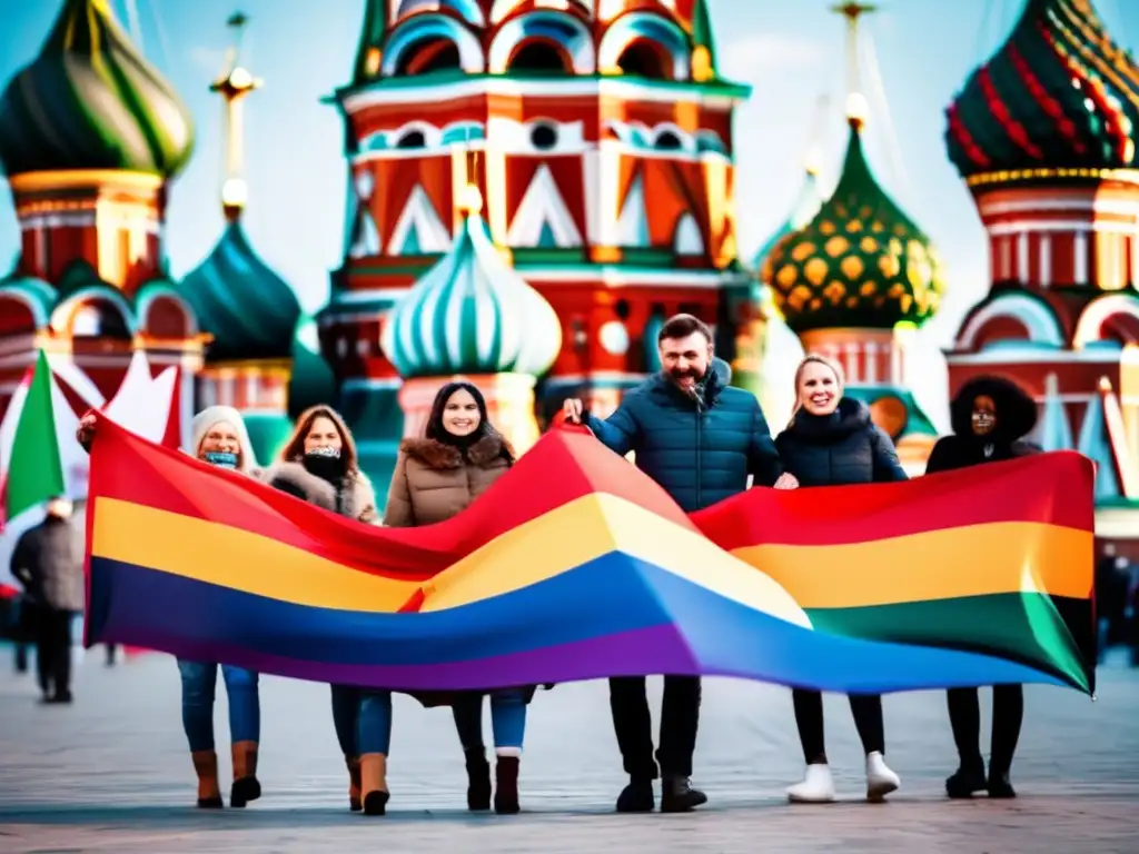 Un grupo de activistas apasionados se unen frente a la icónica Catedral de San Basilio en Moscú