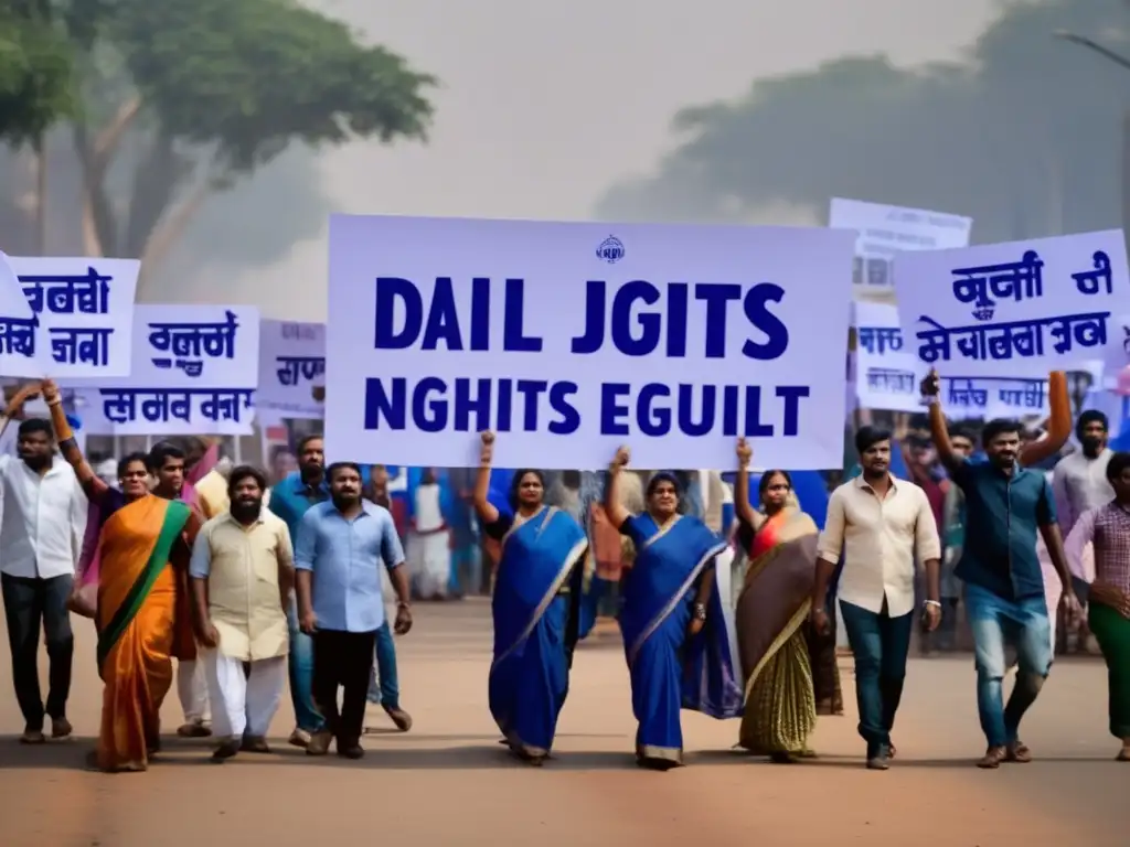 Un grupo de activistas Dalit marcha en una bulliciosa ciudad india, ondeando pancartas con consignas audaces