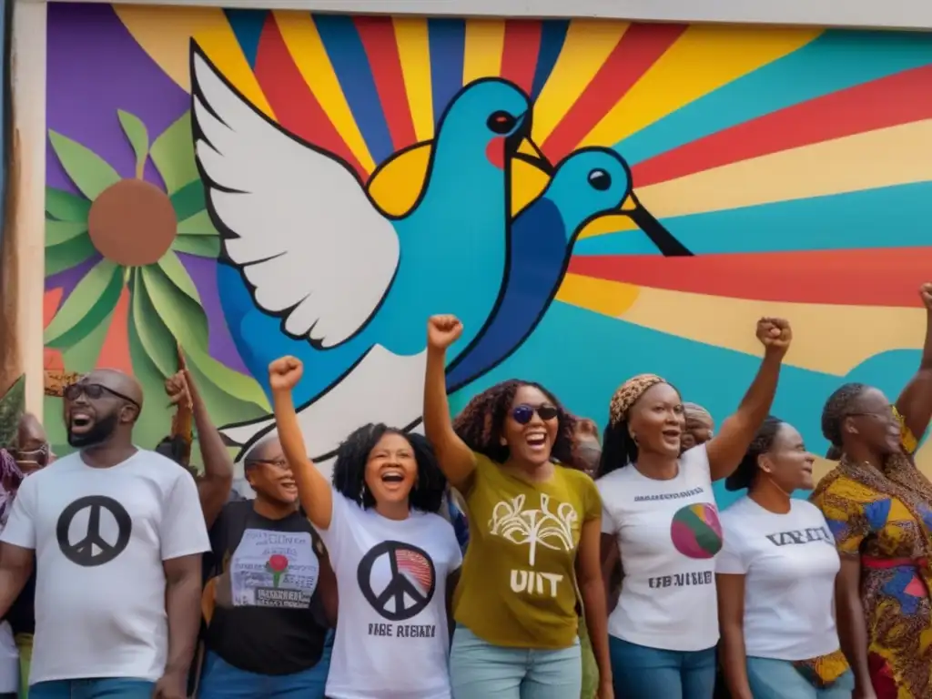 Un grupo de activistas diversos se paran frente a un gran mural con símbolos de paz y unidad en Liberia, levantando los puños en una protesta por la lucha por la paz en Liberia