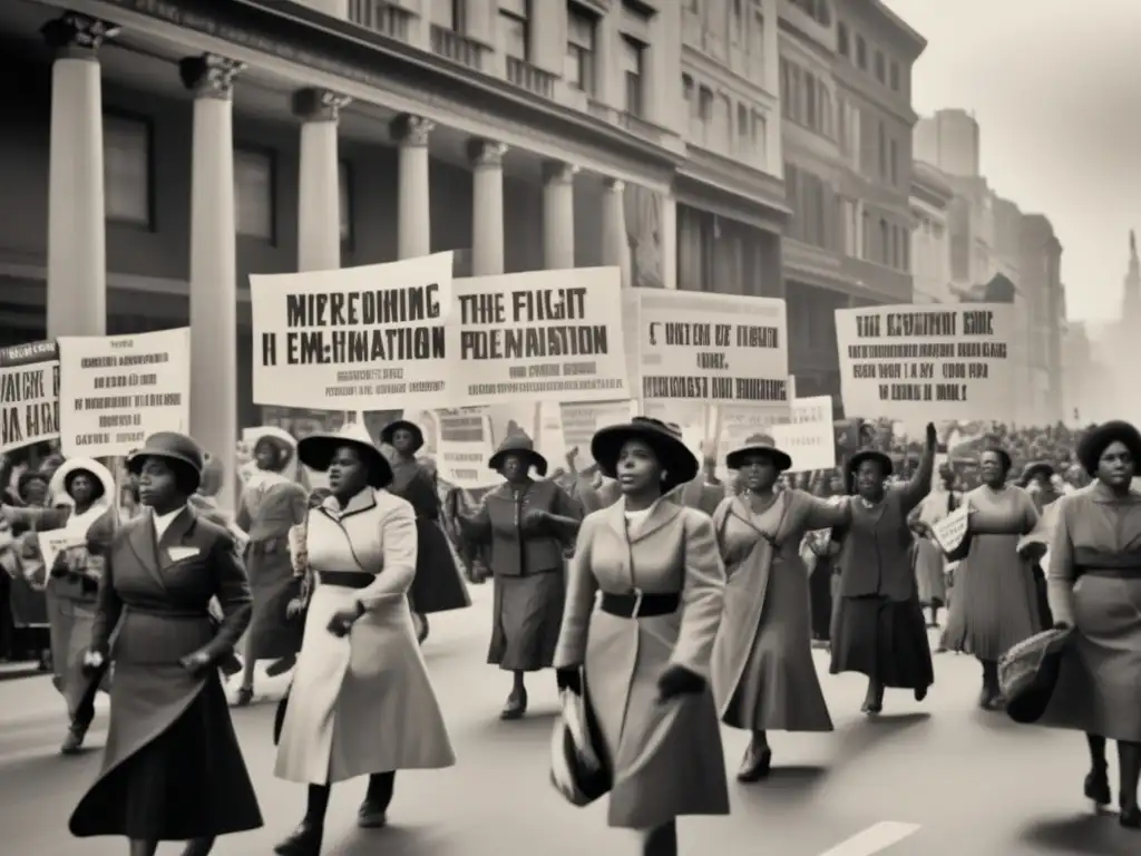 Un grupo de activistas femeninas destacadas en la historia marcha con determinación en una protesta, mostrando su fuerza y resistencia en las calles de la ciudad