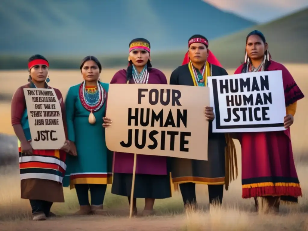Unidad indígena: Activistas defienden derechos con determinación Un grupo de activistas indígenas en atuendos tradicionales, unidos en su lucha por los derechos humanos