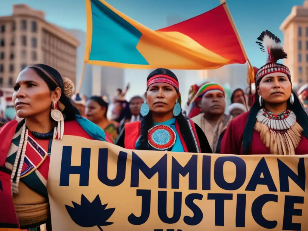 Unidos por los derechos indígenas: Activistas en protesta- Un grupo de activistas indígenas lucha por los derechos humanos en una protesta, expresando determinación y resistencia