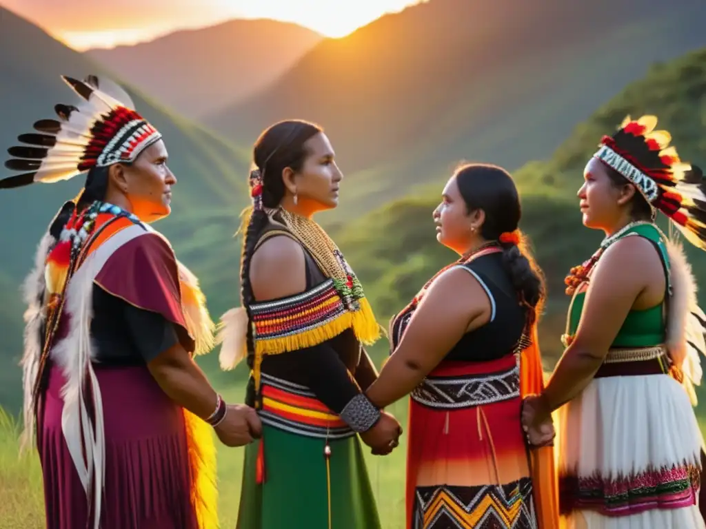 Unión indígena: fuerza y determinación en la montaña - Un grupo de activistas indígenas lucha por los derechos humanos, unidos en círculo frente a las montañas al atardecer