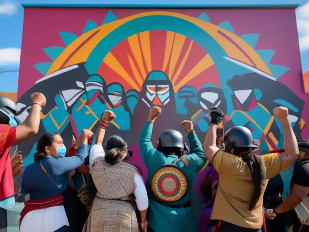 Un grupo de activistas indígenas desafía a la policía en un mural vibrante con figuras clave de resistencia al colonialismo