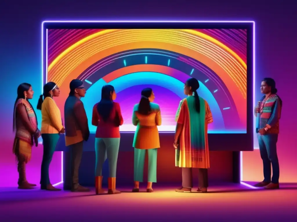 Un grupo de activistas indígenas se reúnen alrededor de una pantalla digital brillante, discutiendo tecnología e innovación