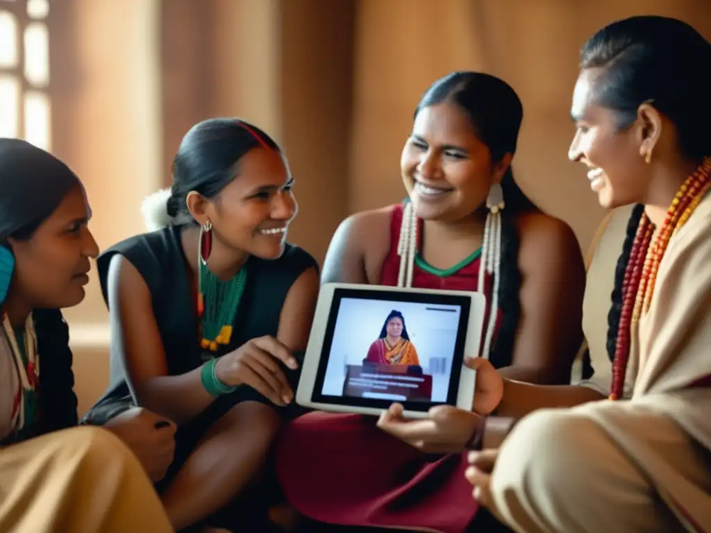 Un grupo de activistas indígenas se reúnen alrededor de una tableta digital, discutiendo tecnología e innovación con determinación y empoderamiento