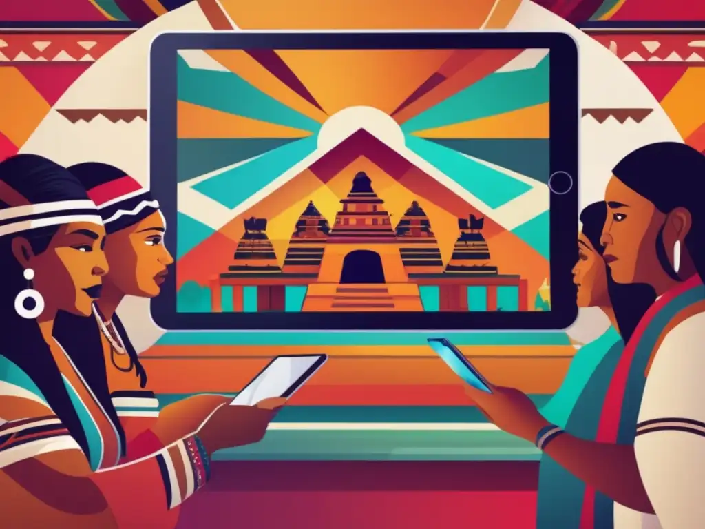 Un grupo de activistas indígenas se reúnen alrededor de una tableta digital, debatiendo sobre la innovación tecnológica