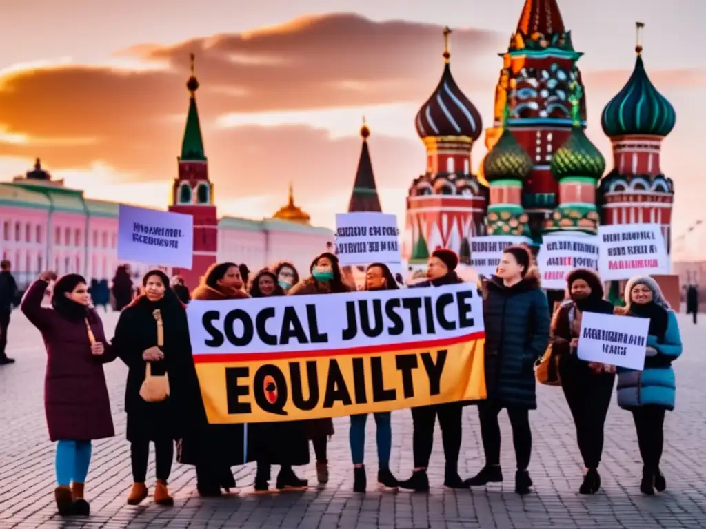 Un grupo de activistas luchando por la justicia social en Rusia frente al Kremlin al atardecer, transmitiendo determinación y esperanza