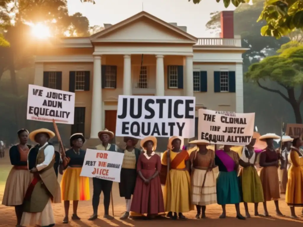 Un grupo de activistas de justicia en tiempos coloniales desafiantes frente a un edificio colonial, sosteniendo pancartas con mensajes poderosos