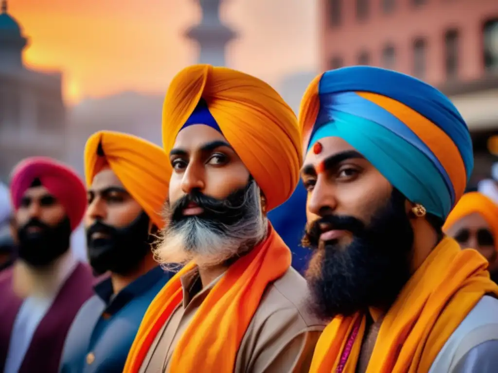 Un grupo de activistas Sikh en protesta pacífica, sus coloridos turbantes destacan en la bulliciosa calle de la ciudad al atardecer
