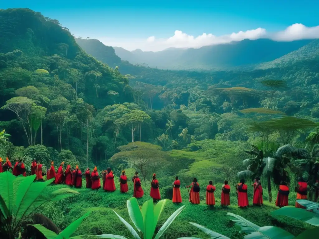 Un grupo de activistas tribales mira determinado el exuberante bosque, simbolizando la conservación de la diversidad de vida