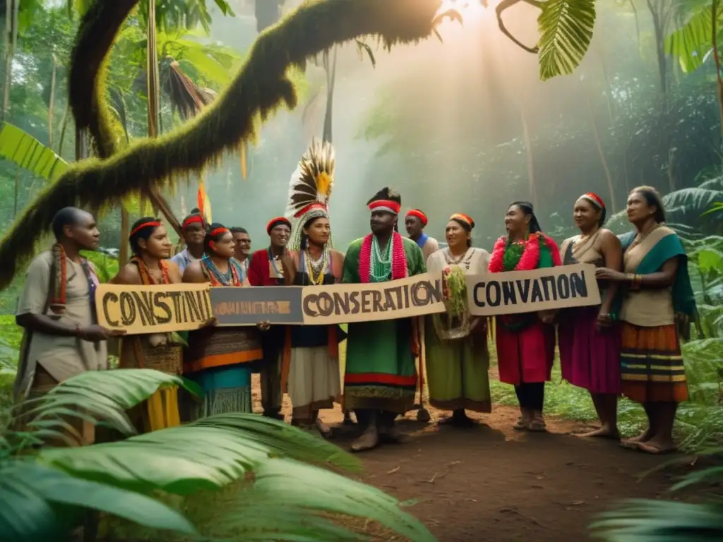 Un grupo de activistas tribales luchando por la conservación de la diversidad de la vida en un exuberante bosque biodiverso