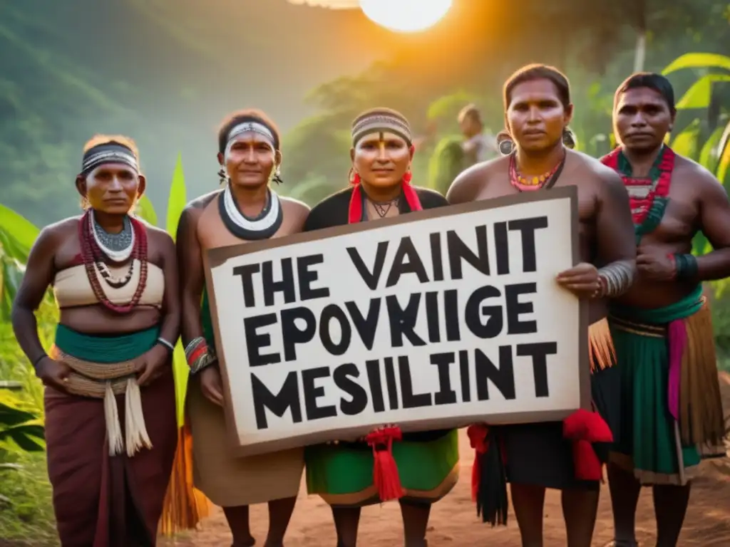 Un grupo de activistas tribales se paran juntos, rostros adornados con pintura tradicional, expresiones de determinación