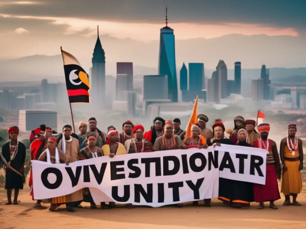 Unidos por la tradición: Activistas tribales desafían la modernidad- Un grupo de activistas tribales desafió el sistema histórico, unidos y determinados, con expresiones desafiantes y pancartas de protesta, rodeados de seguidores diversos