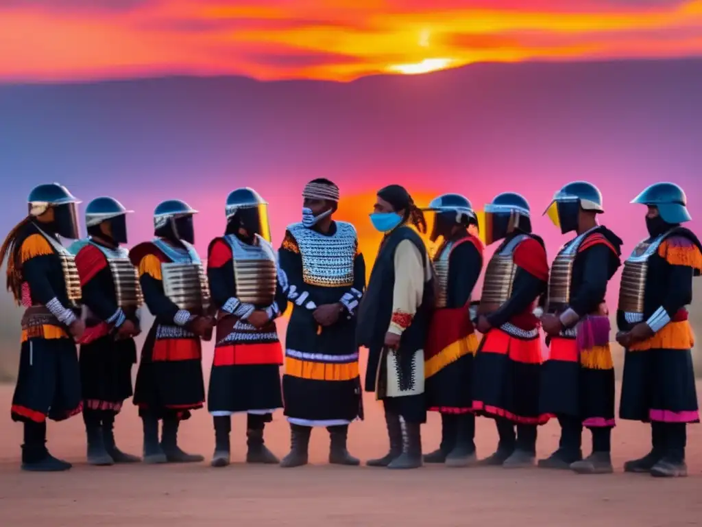 Resistencia tribal ante la policía: el poder de la tradición en acción Un grupo de activistas tribales desafió el sistema histórico al enfrentarse a la policía en un vibrante atardecer