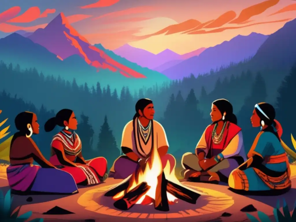 Reunión de activistas tribales: fuerza y determinación en la naturaleza Un grupo de activistas tribales desafiaron el sistema histórico, reunidos alrededor de una fogata en medio de un impresionante paisaje natural