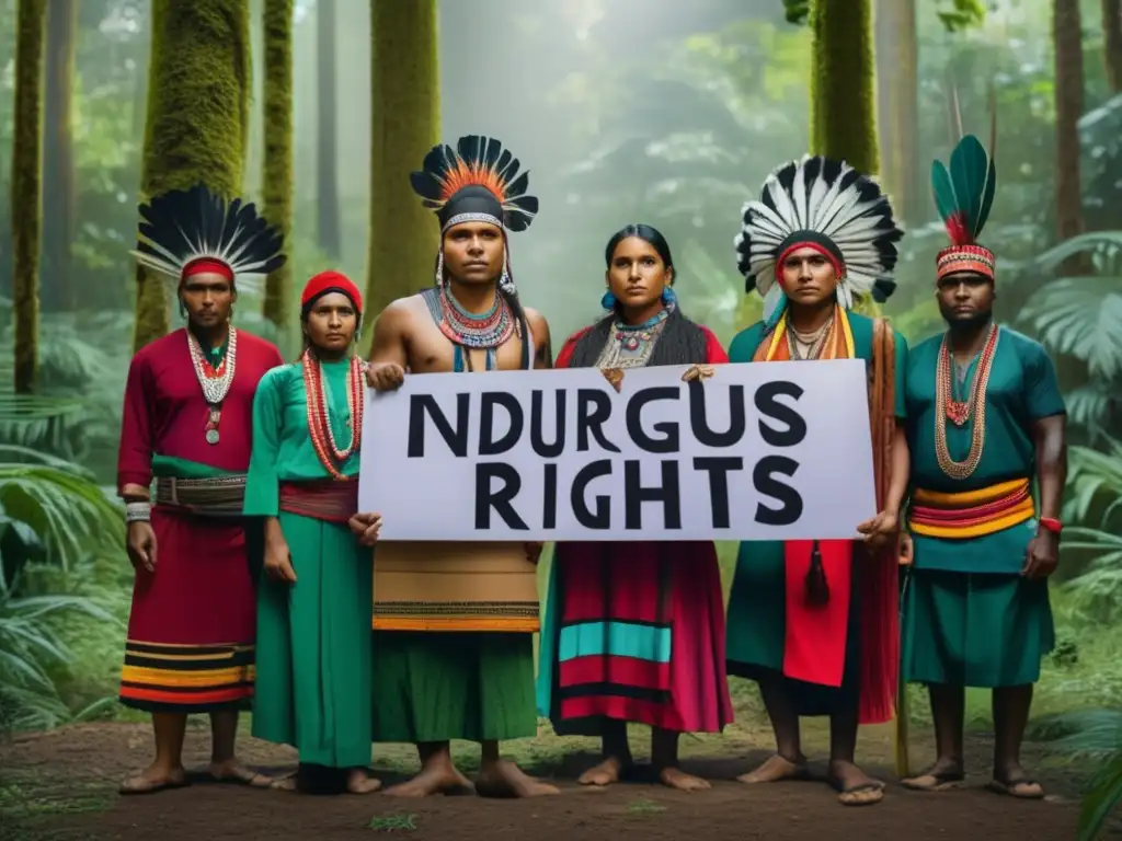 Un grupo de activistas tribales luchando contra la marginación, con vestimenta tradicional, en un bosque exuberante