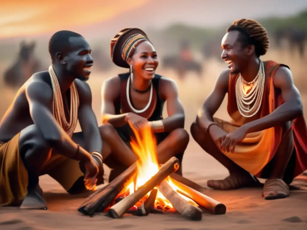Un grupo de griots africanos se reúne alrededor del fuego, compartiendo historias y música mientras la luz de las llamas ilumina sus rostros