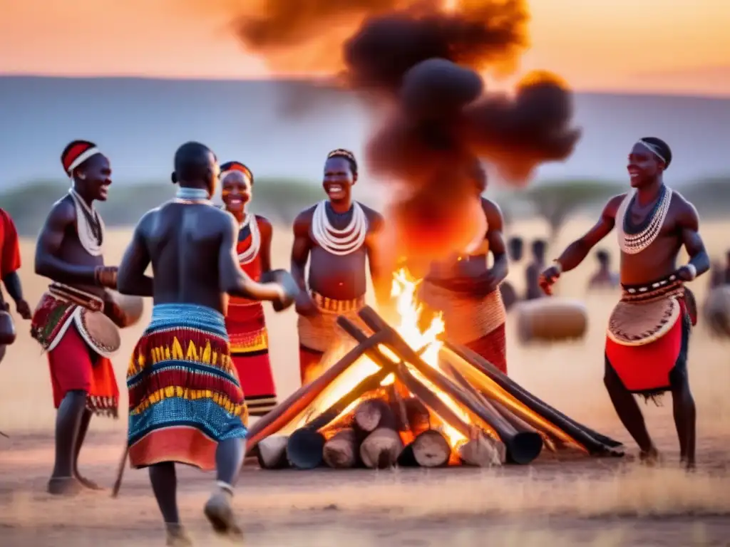 Un grupo de africanos celebra un ritual alrededor de una fogata en la sabana