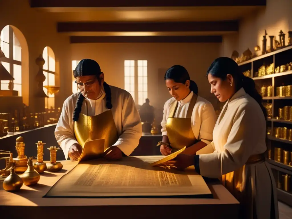 Un grupo de alquimistas peruanos trabajan en un laboratorio moderno, rodeados de antiguos textos y artefactos de oro