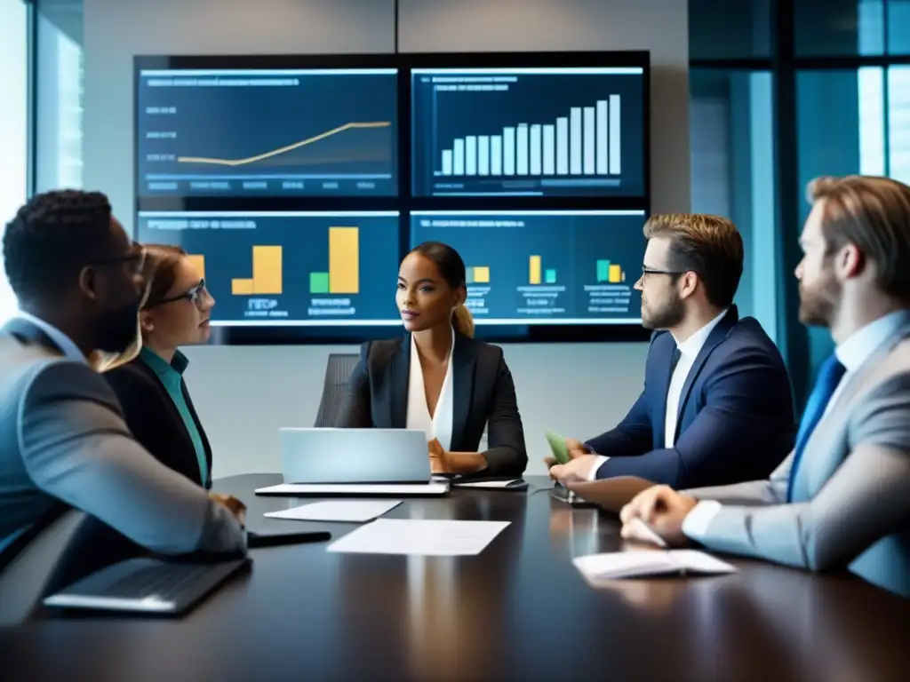 Un grupo de analistas financieros en una moderna sala de juntas, revisando gráficos en una gran pantalla digital