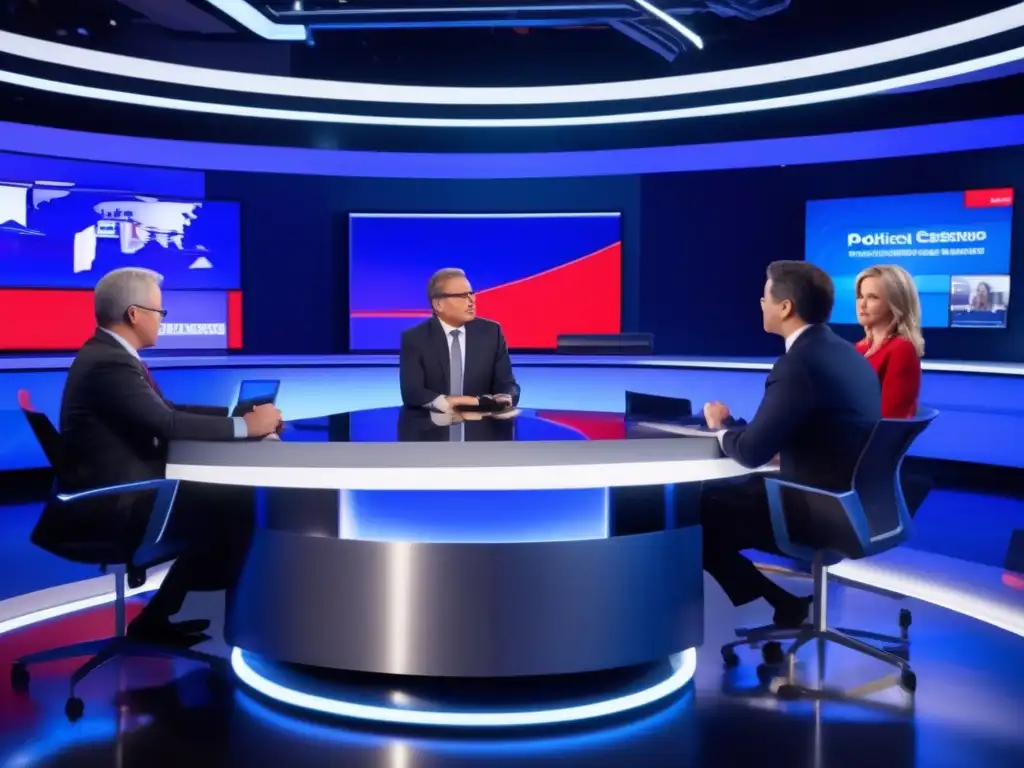 Un grupo de analistas políticos en la TV debatiendo apasionadamente en un estudio futurista con tecnología de vanguardia y gráficos dinámicos