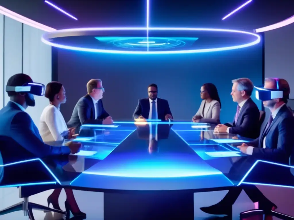 Un grupo de analistas políticos en la TV discuten tendencias electorales frente a futurista tecnología