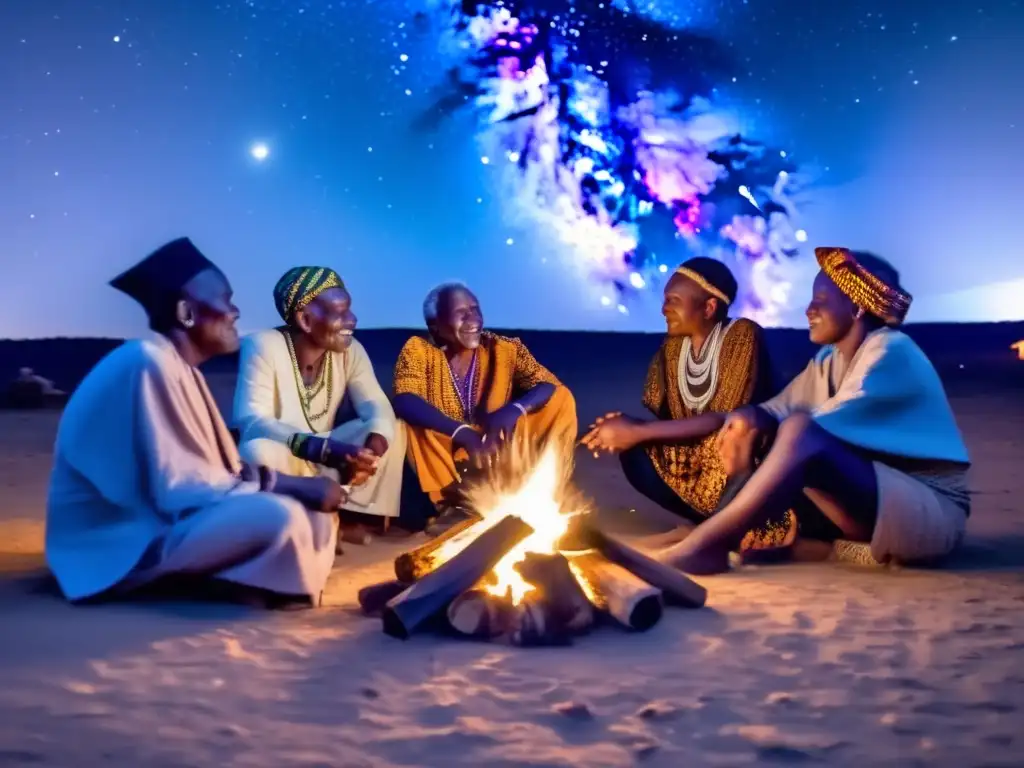 Un grupo de ancianos Bantú se reúne alrededor de una fogata bajo el cielo estrellado, mostrando la cosmovisión Bantú: Historia y significado