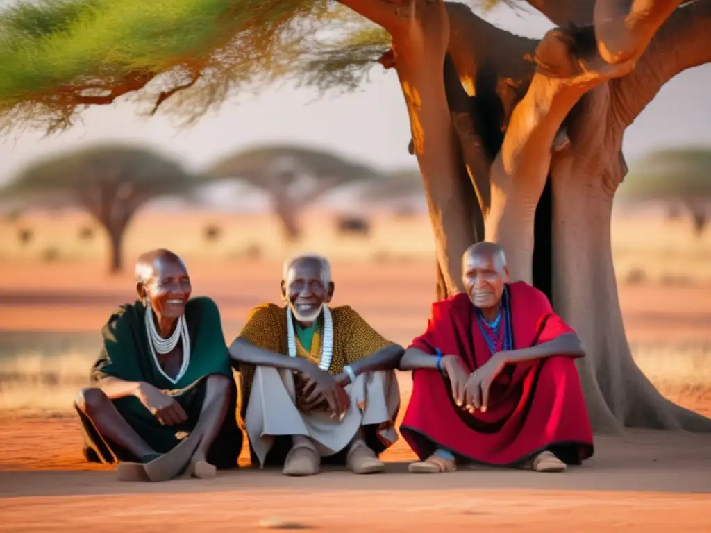 Un grupo de ancianos kenianos descansando bajo un árbol, con shukas coloridos