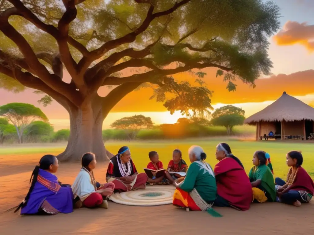 Un grupo de ancianos y niños indígenas se reúnen bajo un árbol, rodeados de exuberante vegetación