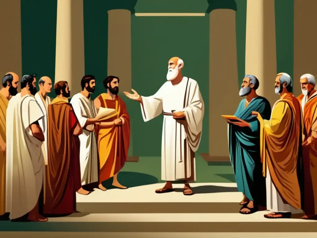 Un grupo de antiguos médicos griegos escucha solemne el Juramento Hipocrático, transmitiendo sabiduría y tradición en una ilustración moderna de alta resolución