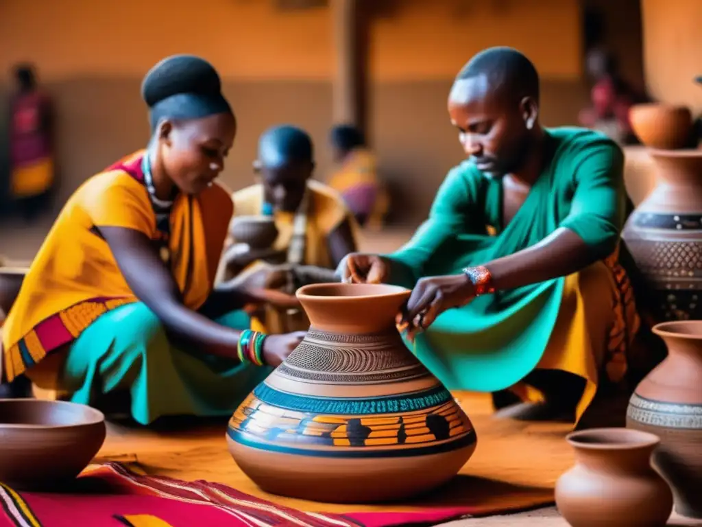 Un grupo de artesanos africanos crea cerámica y textiles tradicionales con colores vibrantes y patrones intrincados, reflejando orgullo y destreza