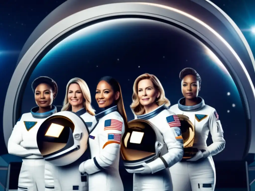 Un grupo de astronautas femeninas con trajes espaciales innovadores frente a una nave espacial de última generación