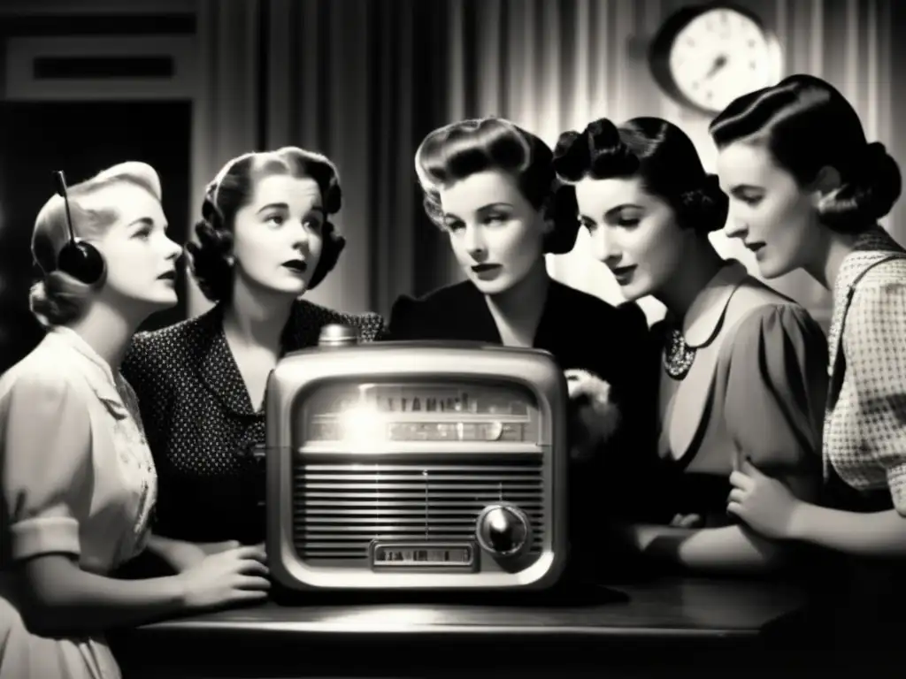Un grupo escucha con atención un serial radial en una radio antigua