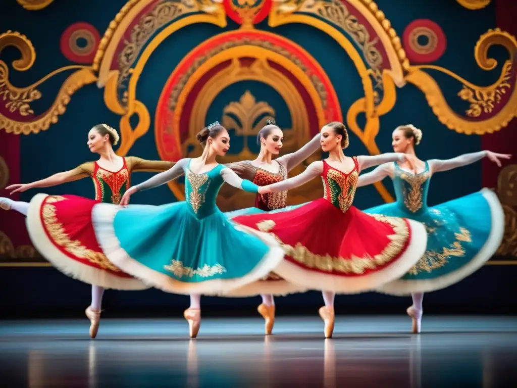 Un grupo de bailarines de ballet ruso en trajes tradicionales realiza una rutina sincronizada en un escenario grandioso