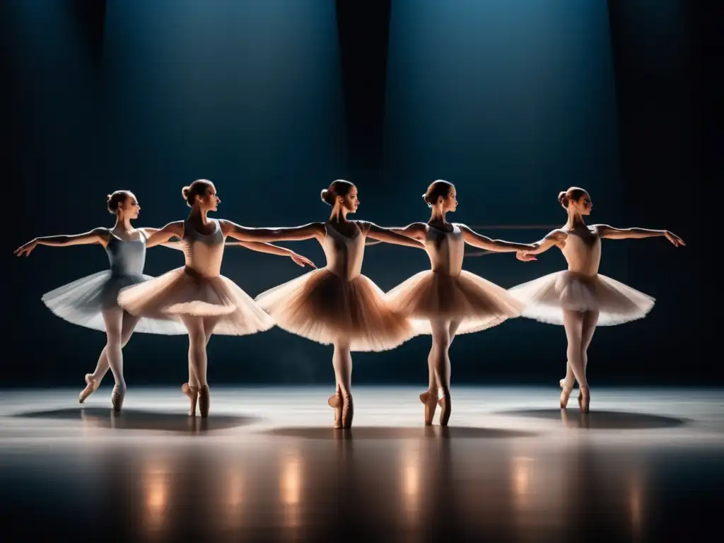 Un grupo de bailarines del Ballet Ruso ejecutando una cautivadora rutina en un escenario minimalista