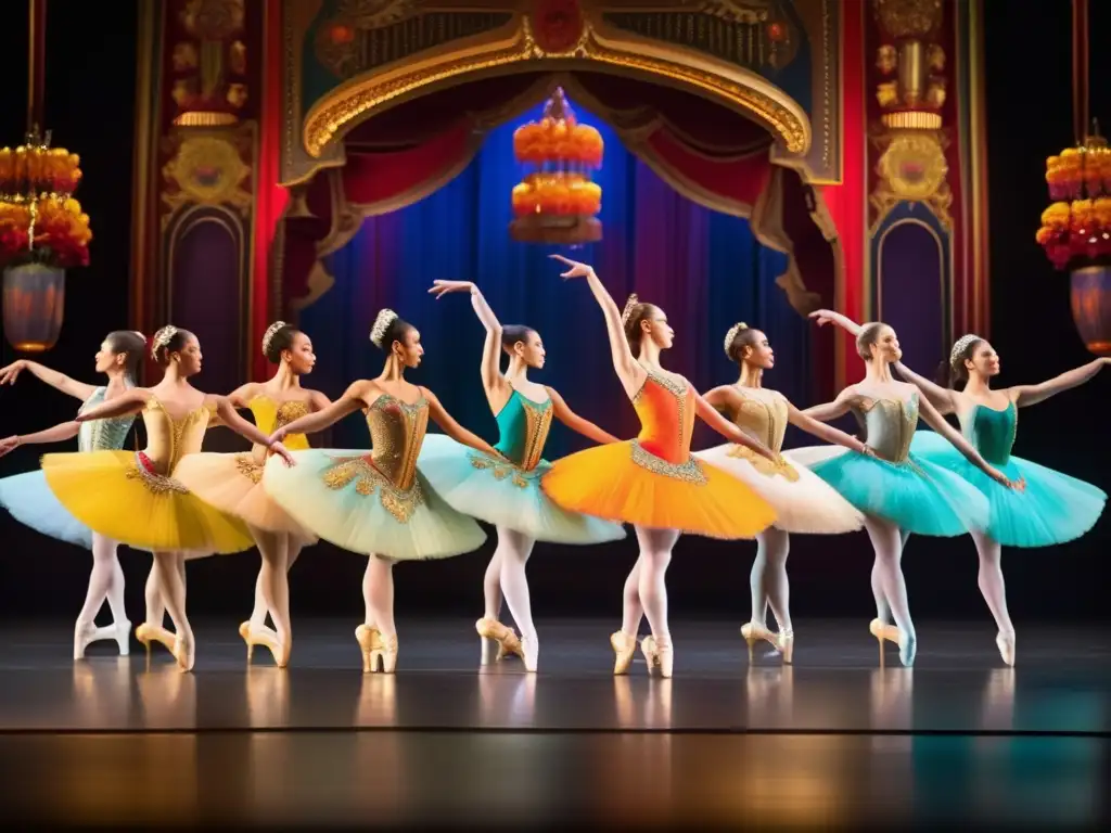 Un grupo de bailarines del Ballets Russes deslumbran en un escenario con sus elegantes movimientos y vibrantes trajes