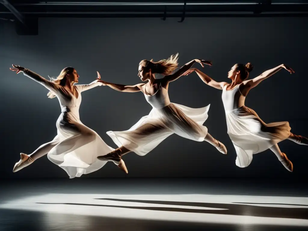 Grupo de bailarines modernos, vestidos de blanco, realizan elegantes movimientos en un estudio minimalista