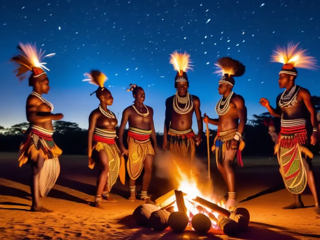 Un grupo de bailarines tribales africanos realiza una danza ritual alrededor de una fogata bajo el cielo estrellado