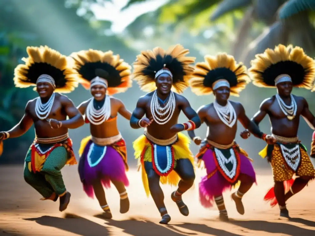 Un grupo de bailarines tribales africanos, con atuendos vibrantes y adornos coloridos, interpretando rituales africanos según E