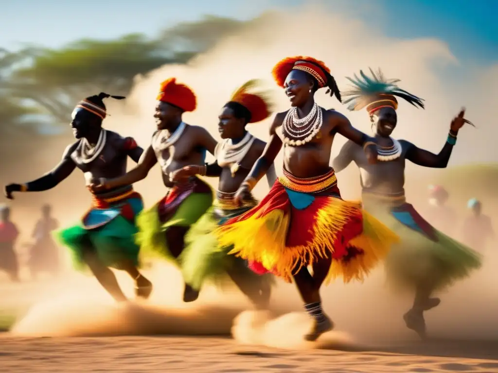 Un grupo de bailarines tribales africanos, en vibrantes trajes, danzan en medio de una nube de polvo al sol