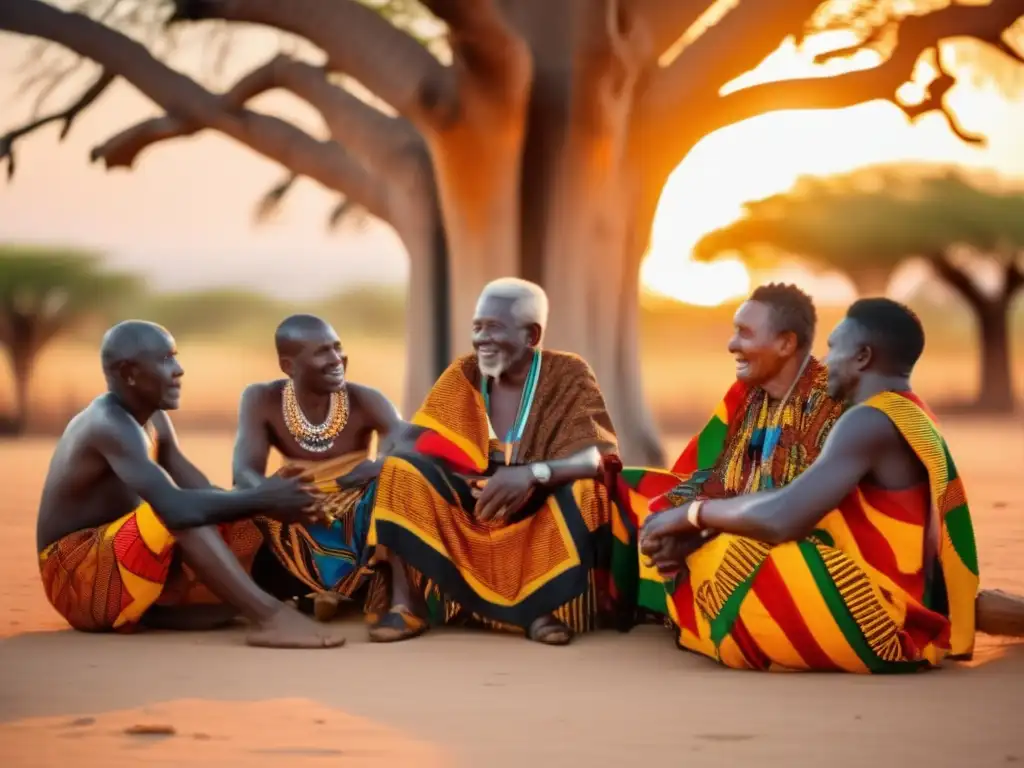 Un grupo de ancianos Akan bajo un baobab al atardecer, envueltos en kente, comparten su sabiduría ancestral