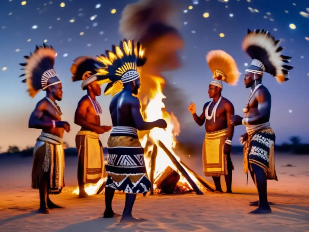 Un grupo de chamanes africanos ejecuta un baile ceremonial alrededor de una fogata bajo el cielo estrellado