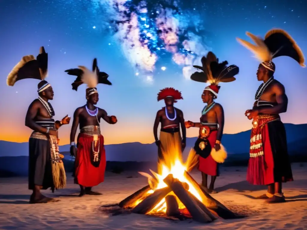 Un grupo de chamanes africanos danza alrededor de una hoguera bajo un cielo estrellado en un ritual espiritual
