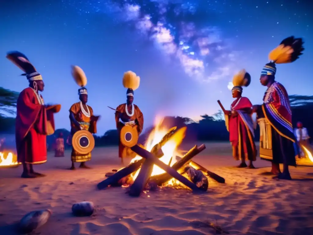 Un grupo de chamanes africanos en trajes tradicionales realizando una danza ritual alrededor de una fogata en la selva africana