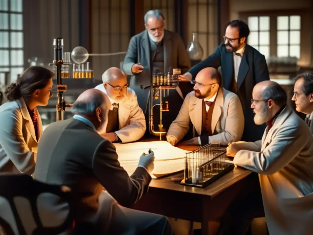 Un grupo de científicos debatiendo apasionadamente el legado de Fritz Haber, rodeados de equipo científico y gráficos