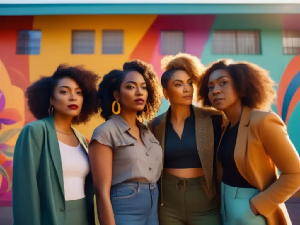 Un grupo de cineastas femeninas se paran juntas frente a un mural vibrante, cada una sosteniendo una cámara y con expresiones determinadas