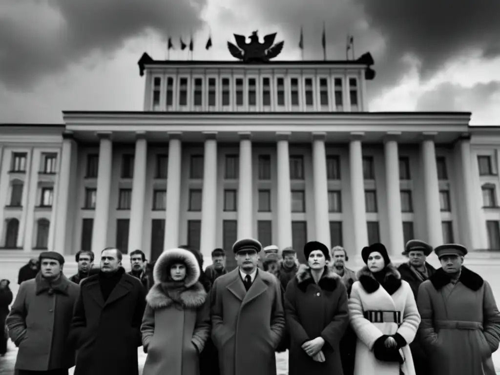 Un grupo de cineastas rusos desafiaron al estado soviético, parados frente a un edificio gubernamental, con expresiones determinadas y cámaras en mano